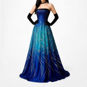 Vintage Blue Strapless Satin Mesh Ombre Fit Flared Maxi Prom Dress Size XS